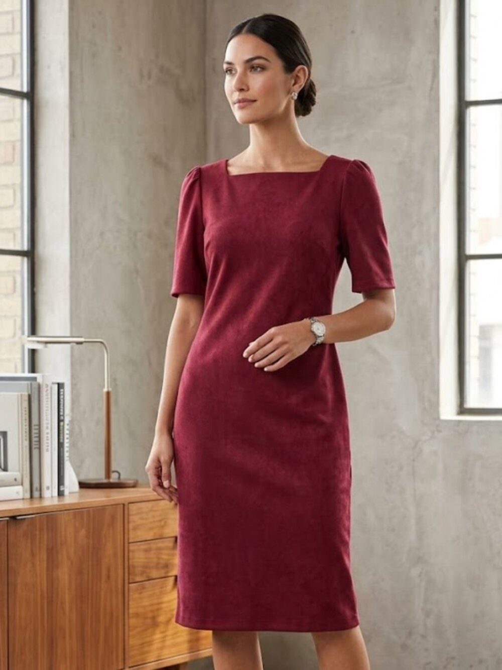 Nine West Faux Suede Midi Dress 10 Burgundy Wine Short Sleeve Work Career Fall